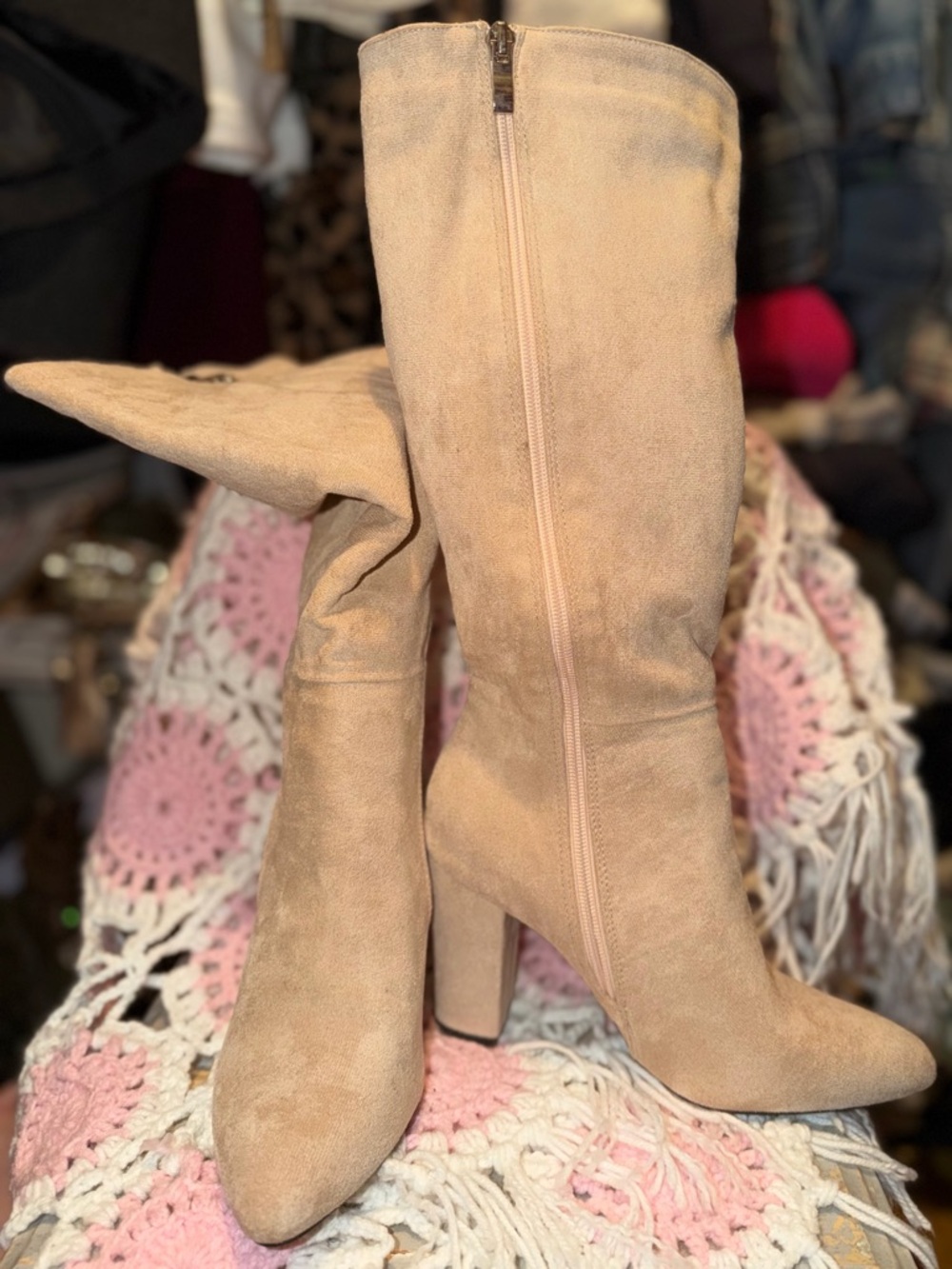 Suede Knee-High Block Heel Boots - Beige